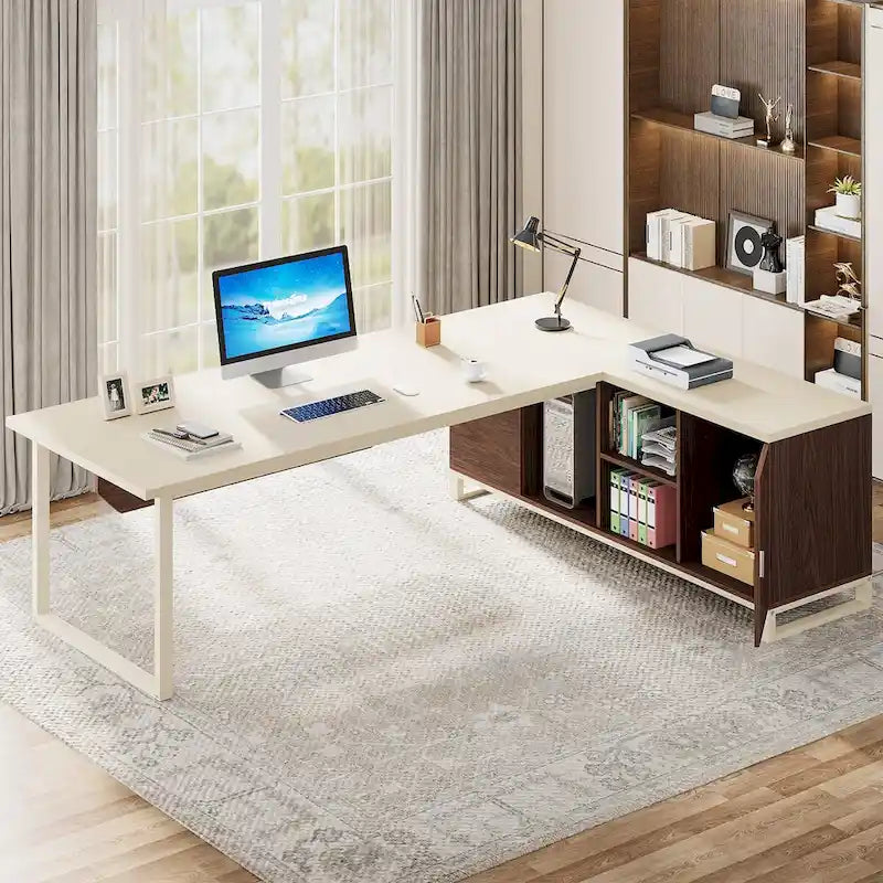 Bureau de direction de 180 cm avec classeur de 140 cm, grand bureau d'ordinateur en L avec armoire de rangement et étagères