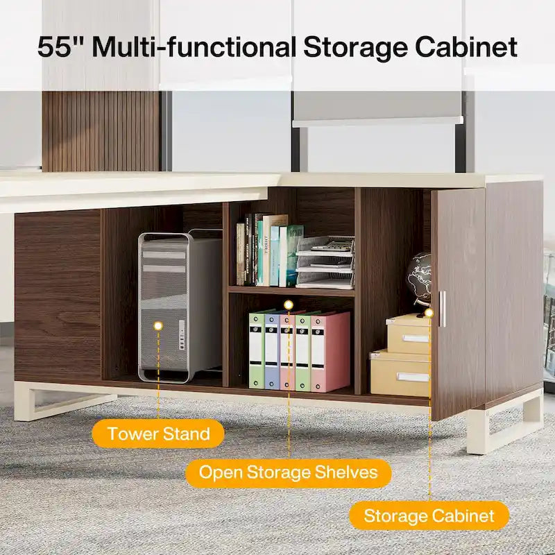 Bureau de direction de 180 cm avec classeur de 140 cm, grand bureau d'ordinateur en L avec armoire de rangement et étagères