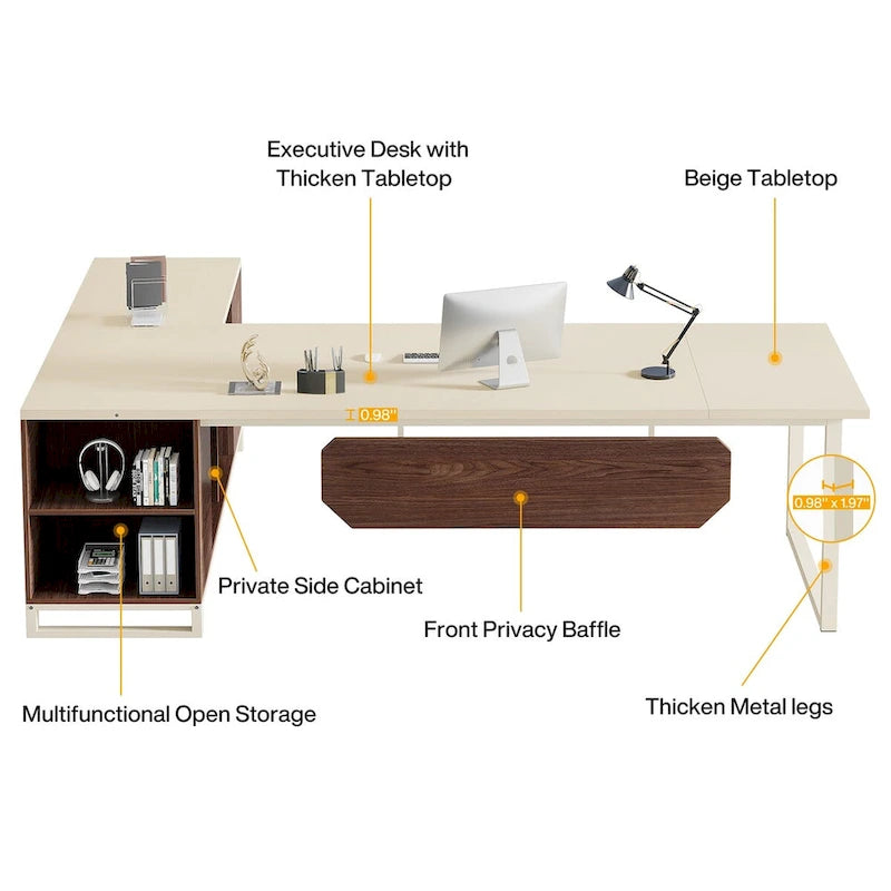 Bureau de direction de 180 cm avec classeur de 140 cm, grand bureau d'ordinateur en L avec armoire de rangement et étagères