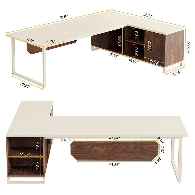 Bureau de direction de 180 cm avec classeur de 140 cm, grand bureau d'ordinateur en L avec armoire de rangement et étagères