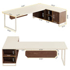 Bureau de direction de 180 cm avec classeur de 140 cm, grand bureau d'ordinateur en L avec armoire de rangement et étagères