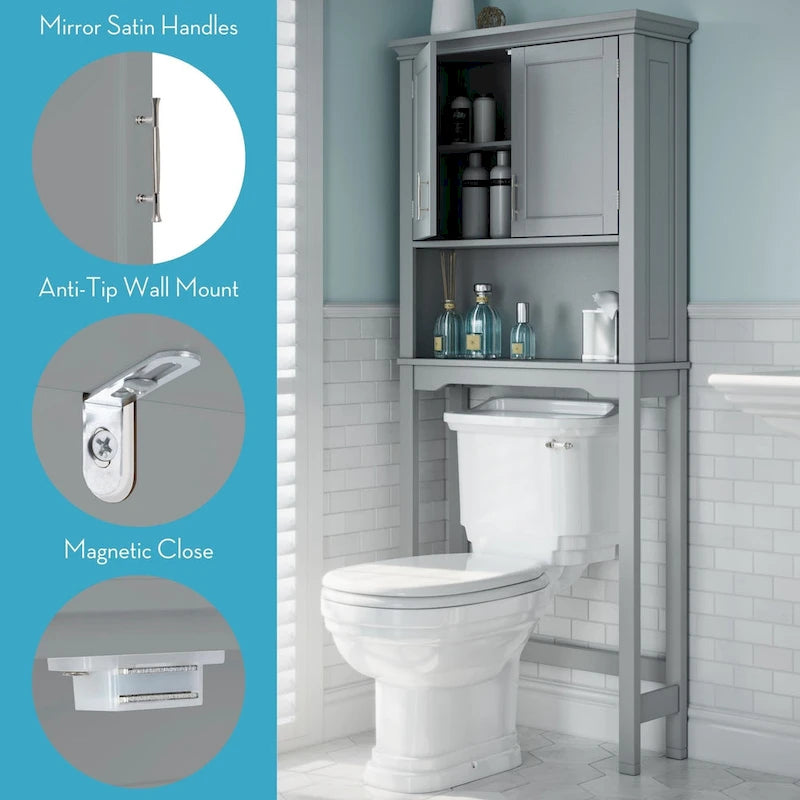 Meuble de rangement mural de salle de bain avec étagère réglable à placer au-dessus des toilettes – Gris